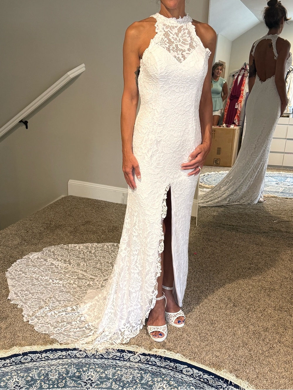 Lulu's White Lace Halter Bridal Gown with Front Slit